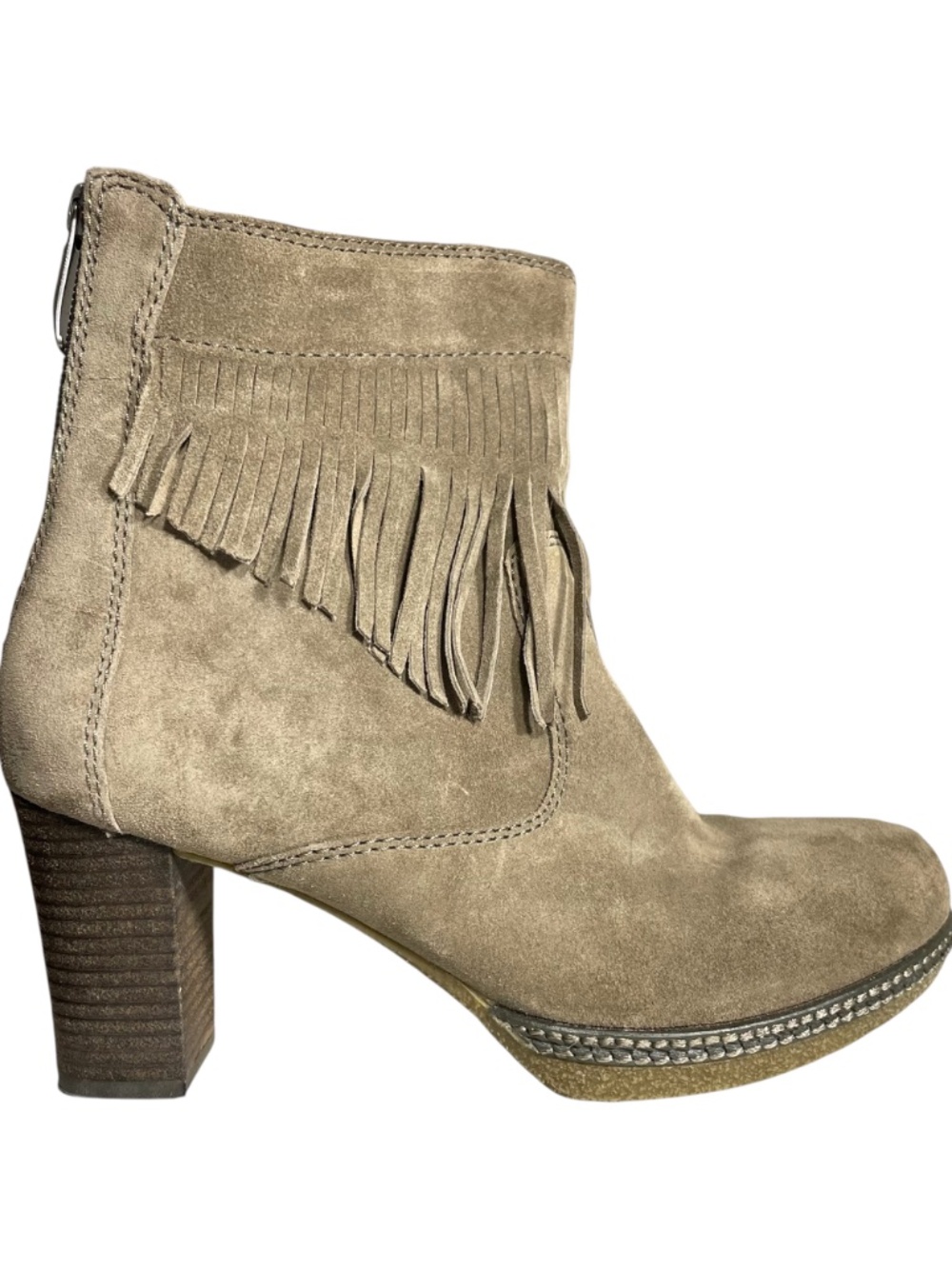 Gabor Suede Fringe Ankle Boots 7.5 Genuine Leather Stacked Heel Taupe Tan Heeled